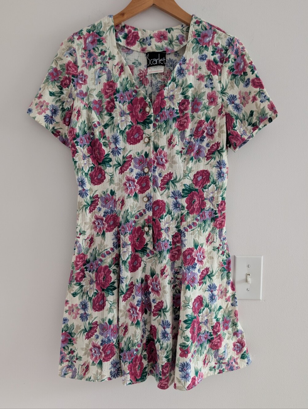 Vintage Cream Dress with Pink and Purple Floral Print